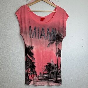 NEW Livre Miami Palm Tree Graphic Top Womens Size 36 XS Pink Y2K Beach Tee